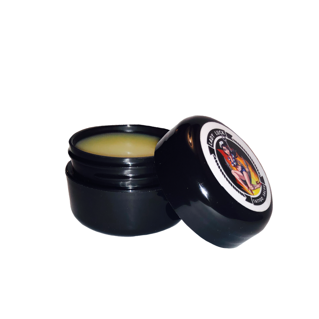Surly Sam’s Tattoo Care Lady Luck Salve 1/2 ounce Lid off
